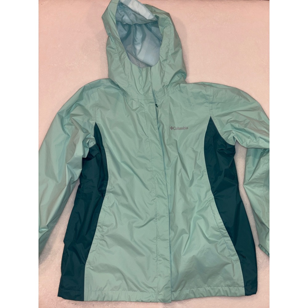 Columbia Rain Jacket Women XL Aqua Blue Teal Hooded Mesh Lined Windbreaker Shell